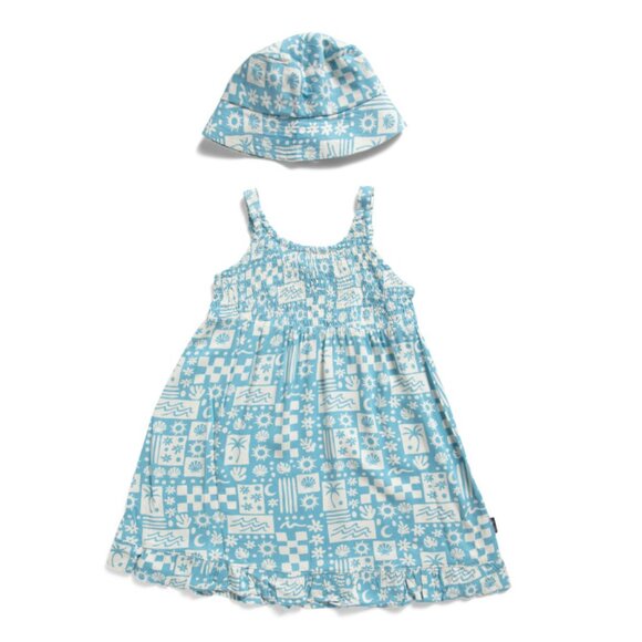 VOLCOM Ice Blue Little Girls Printed Dress With Matching Bucket Hat - Picture 1 of 2